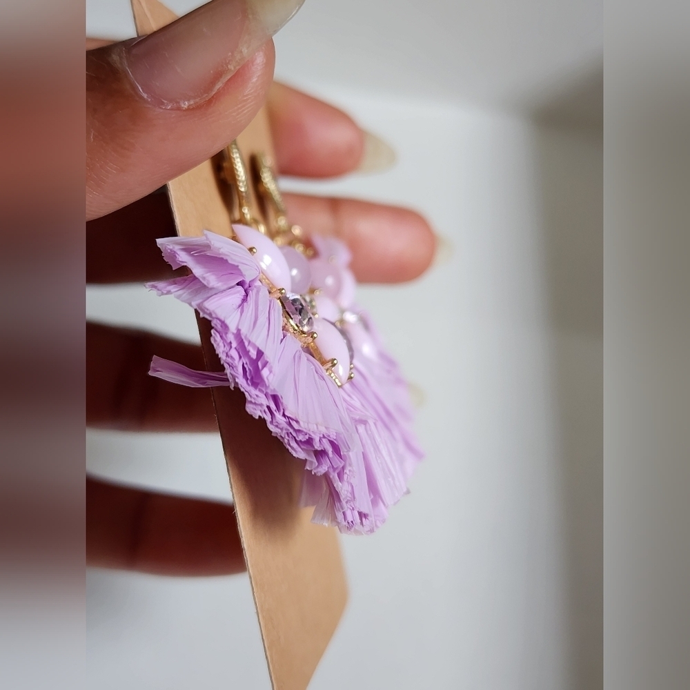 NWOT Paper Purple and Pink Floral Fan Shape Dangling Stud Earrings - Picture 6 of 13